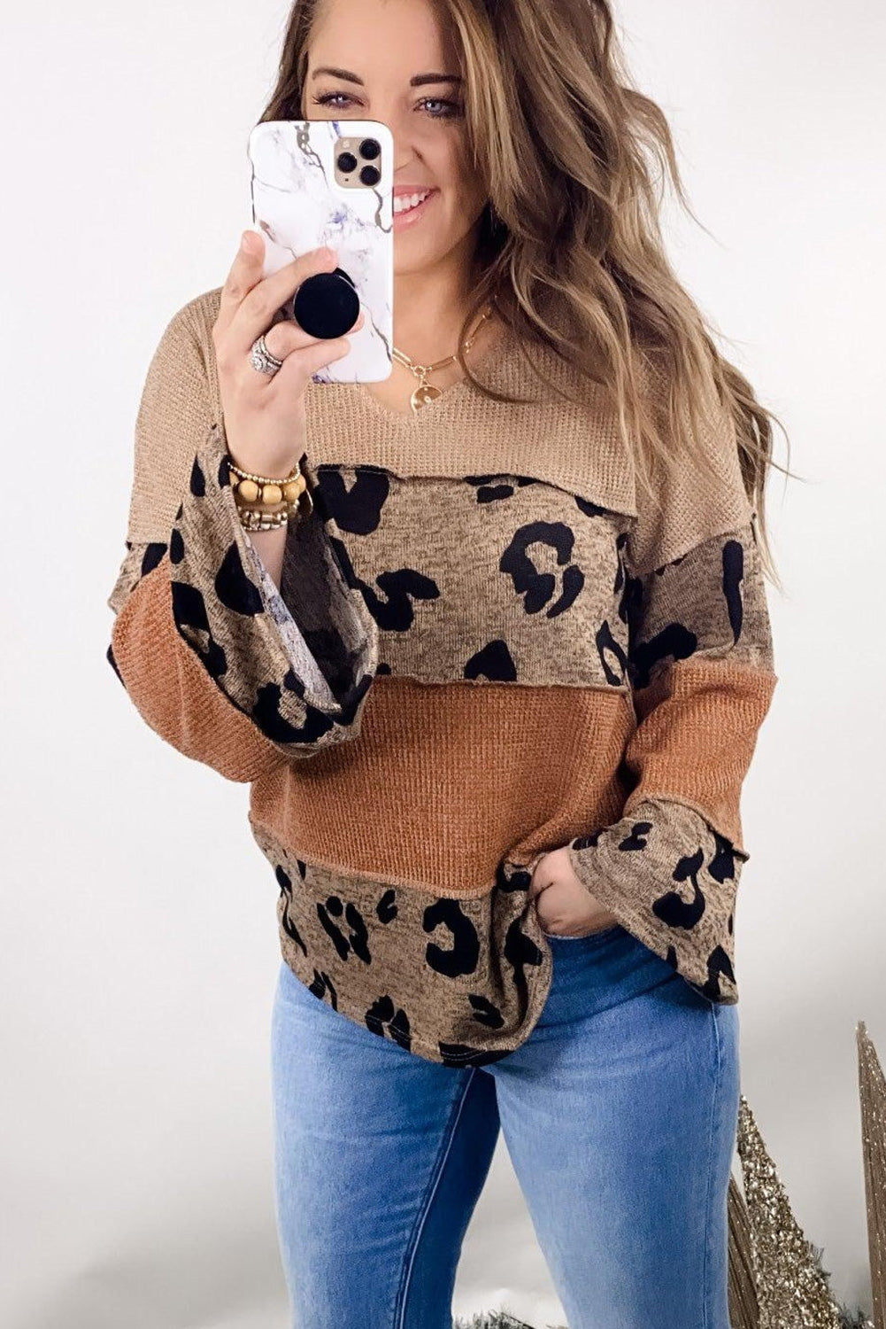 Leopard Colorblock Patchwork V-Neck Loose Sleeve Knit Top