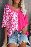 Waffle Knit Leopard Solid Contrasting Blouse