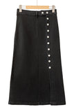 Black Button Fly Side Split High Waist Denim Midi Skirt