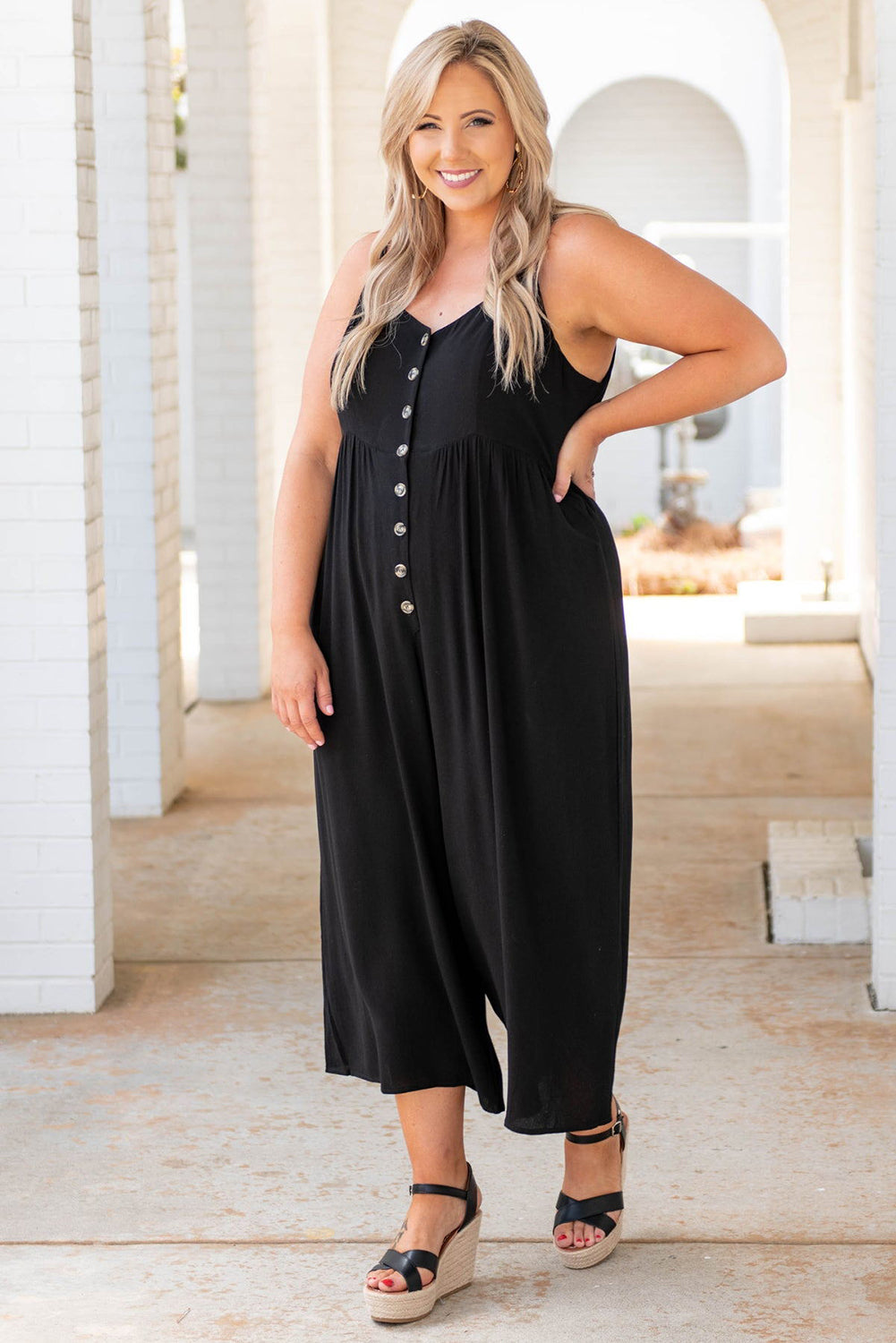 Buttons Sleeveless Wide Leg Plus Size Jumpsuit