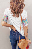 White Floral Print Patchwork Short Sleeve Top