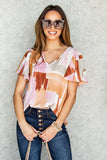 Color Block Ruffled Short Sleeve V Neck T-shirt