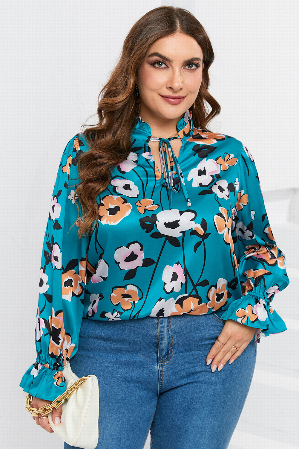 Floral Print V Neck Plus Size Blouse