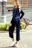 Navy Blue Solid Velvet Ruffled Two Piece Pants Set