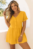 Button V Neck Crinkle Pocketed Romper