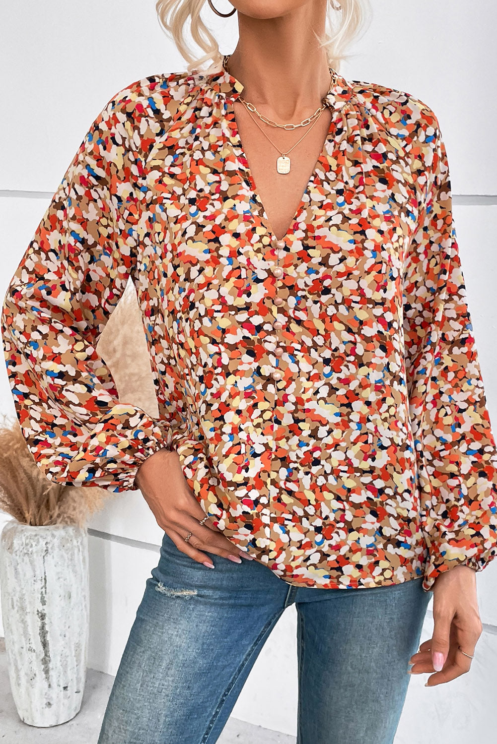 Allover Print Split V Neck Bishop Sleeve Blouse