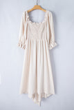 Beige Puff Sleeve Cross Tie Cut Out Maxi Dress