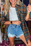 Green Plaid Long Sleeeve Side Split Distressed Hem Shirt