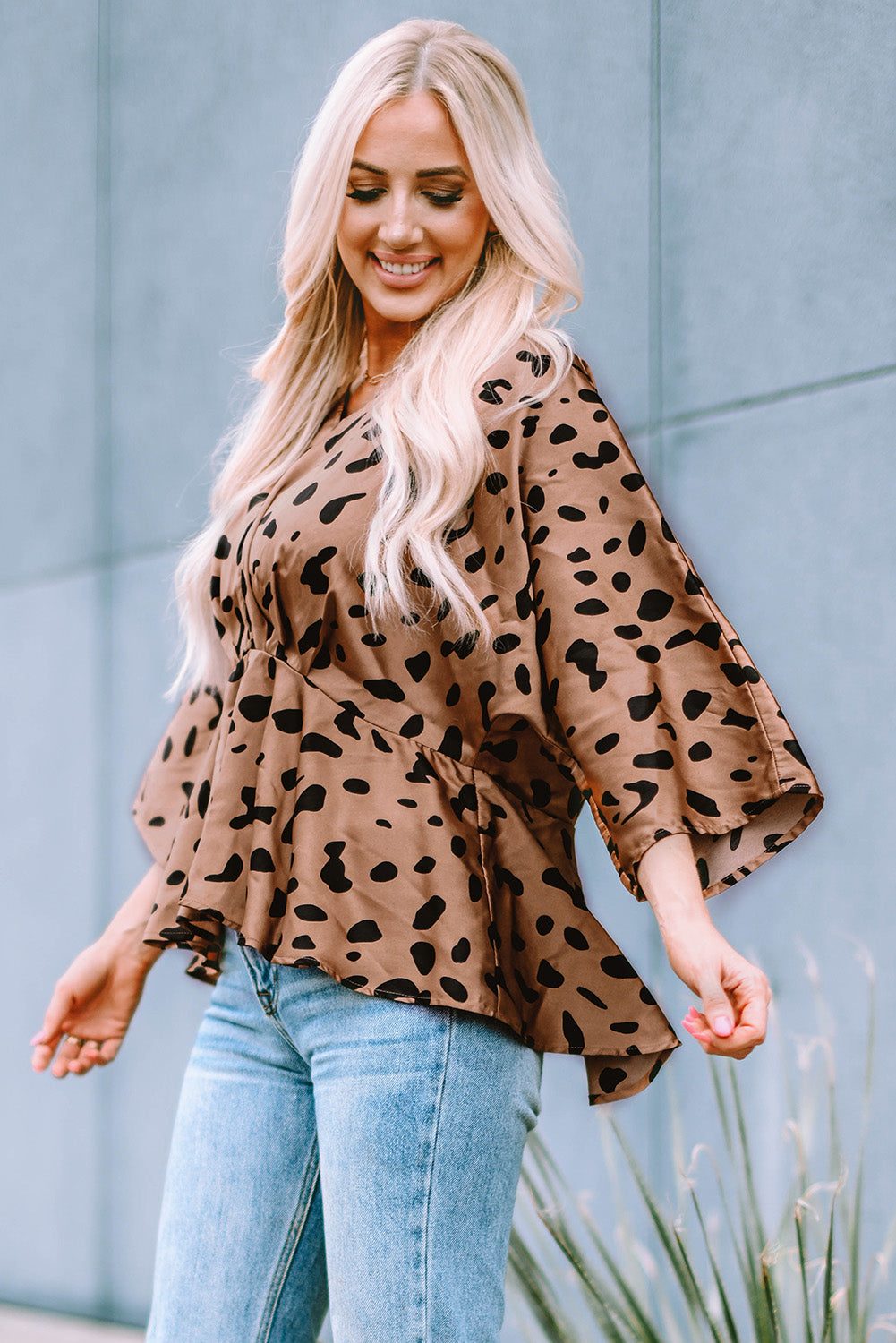 V Neck Print Peplum Blouse