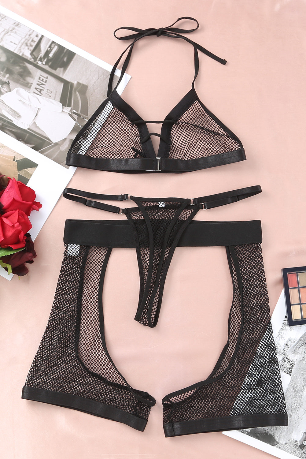 Halter Backless Fishnet Lingerie Set With Shorts