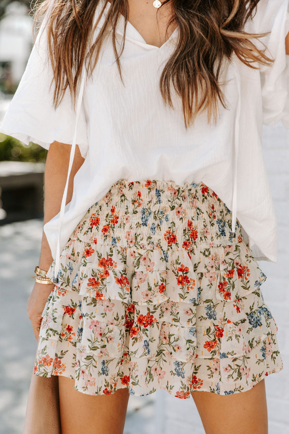 Smocked High Waist Ruffle Tiered Floral Skirt