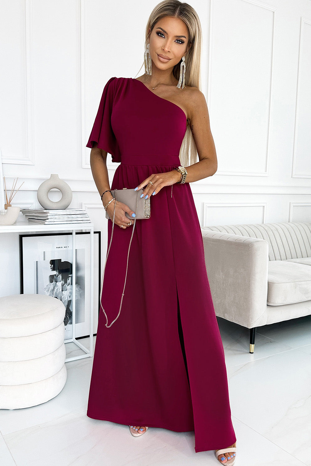 One Shoulder Ruffle Sleeve Maxi Dress with Slit