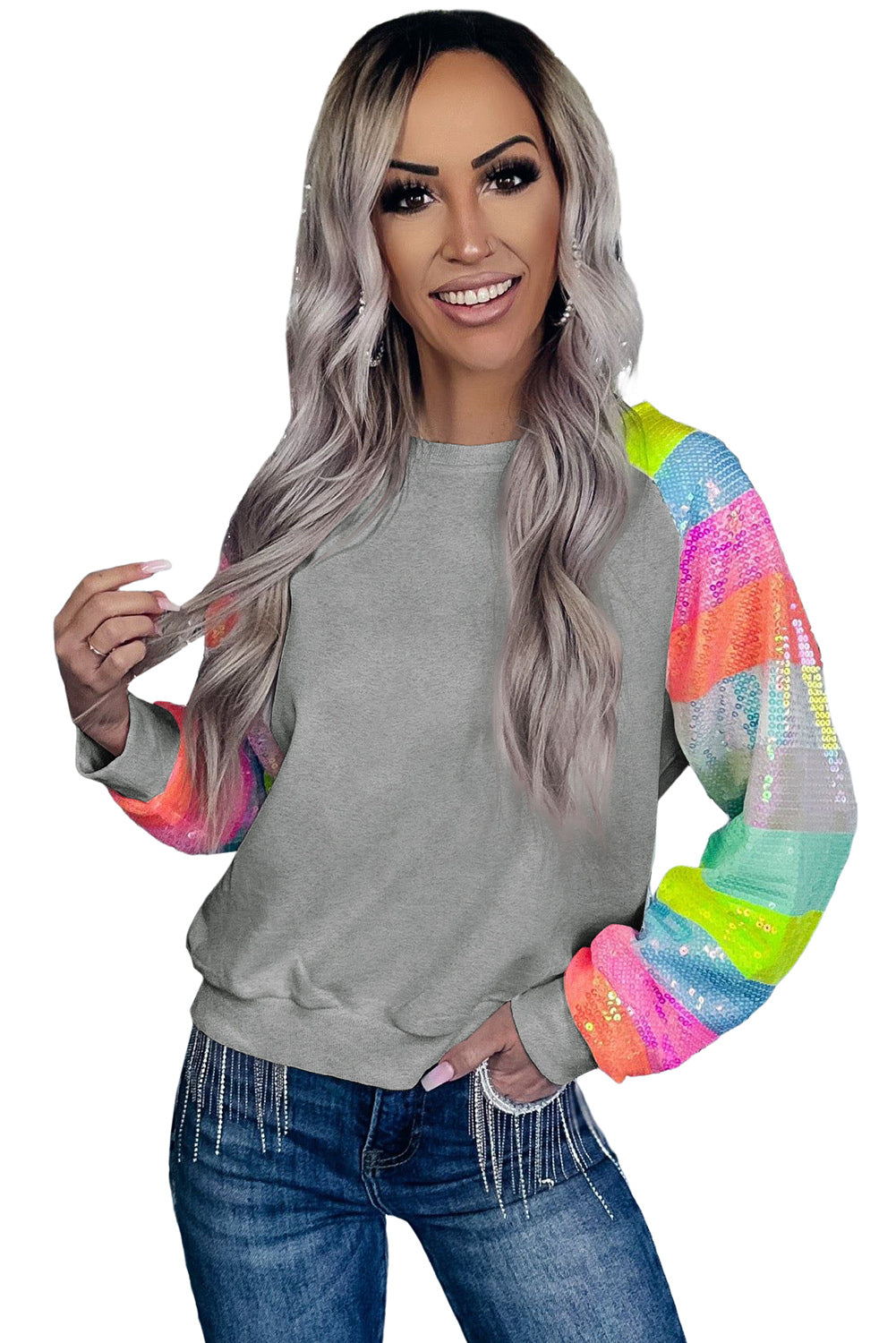 Sequin Color Block Raglan Sleeve Pullover Sweatshirt