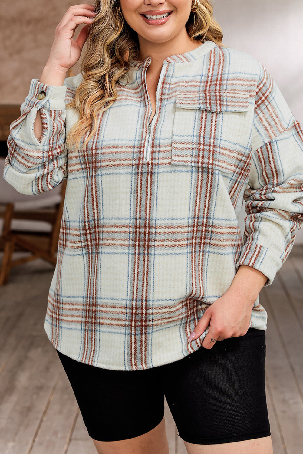 Plus Size Plaid Half-Zipper Sweatshirt with Chest Pocket