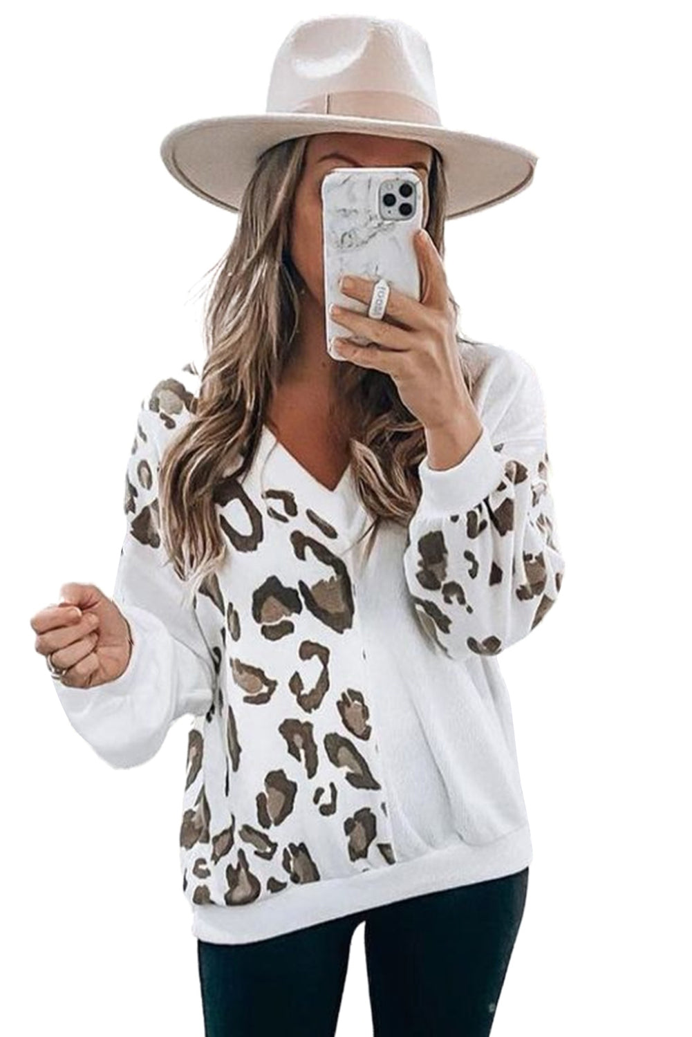 Leopard Patchwork V Neck Long Sleeve Top