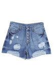 Short en denim vieilli taille haute à braguette boutonnée bleu ciel