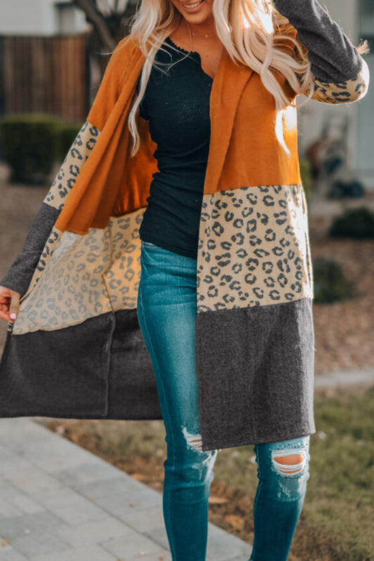 Colorblock Leopard Print Patchwork Knit Cardigan