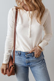 White Solid Color Waffle Half Button Long Sleeve Top