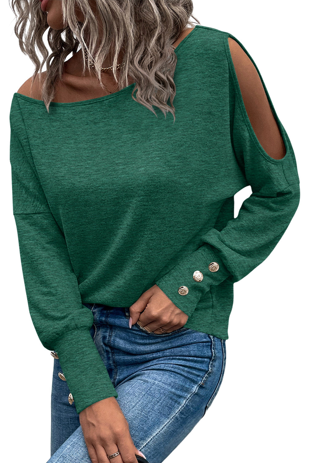 Asymmetrical Cut Out Buttoned Long Sleeve Top