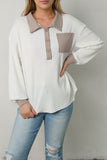 Contrast Trim Buttons Collared Neck Ribbed Knit Top