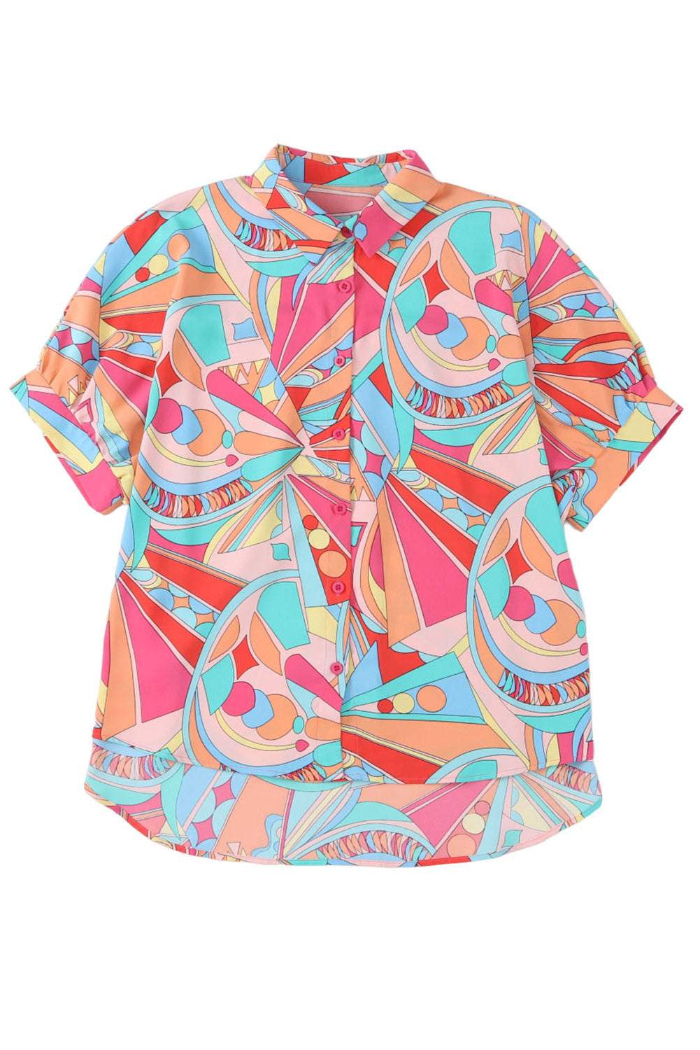 Abstract Geometry Print Half Puff Sleeve Loose Shirt