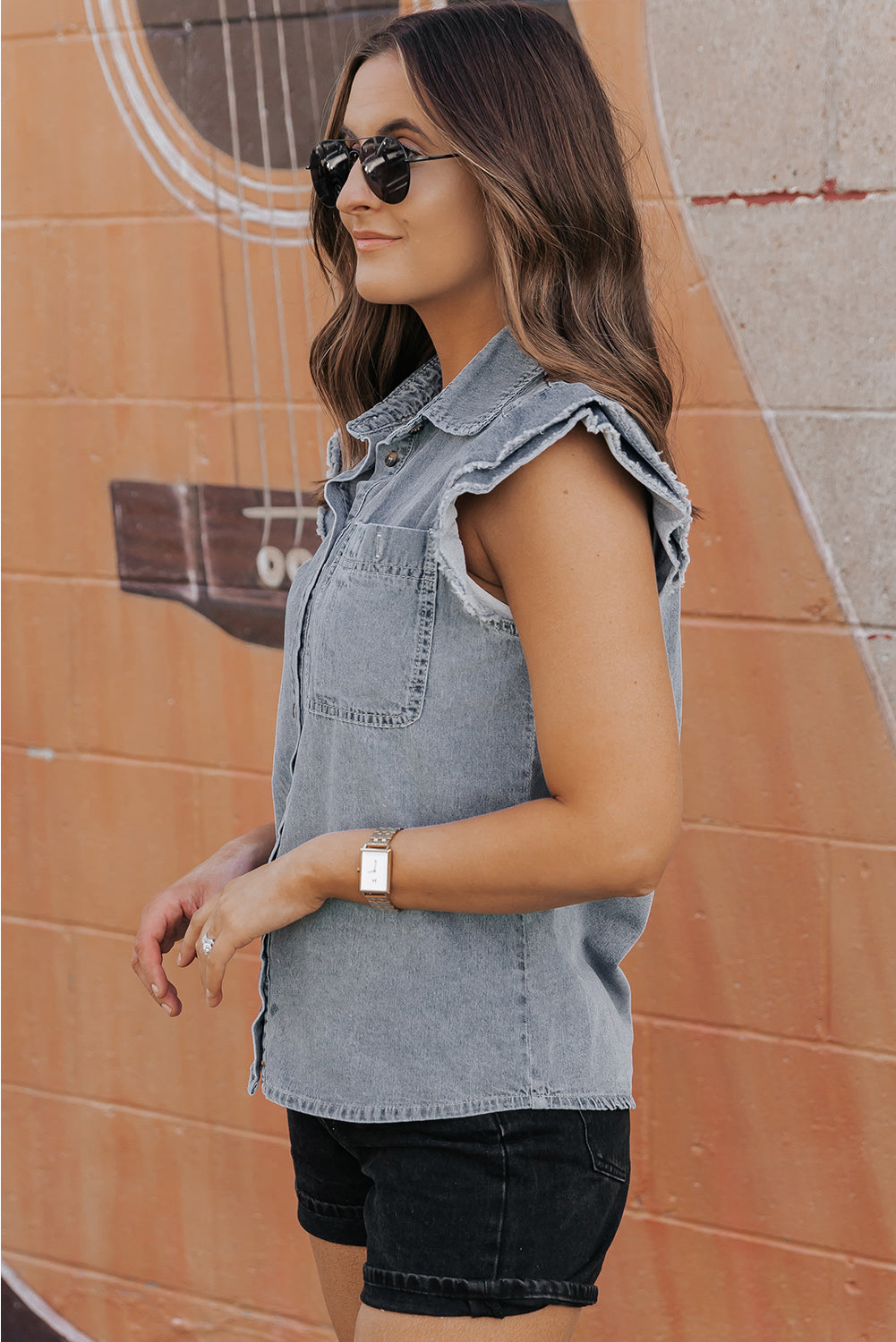 Beau Blue Frayed Ruffle Sleeve Denim Shirt