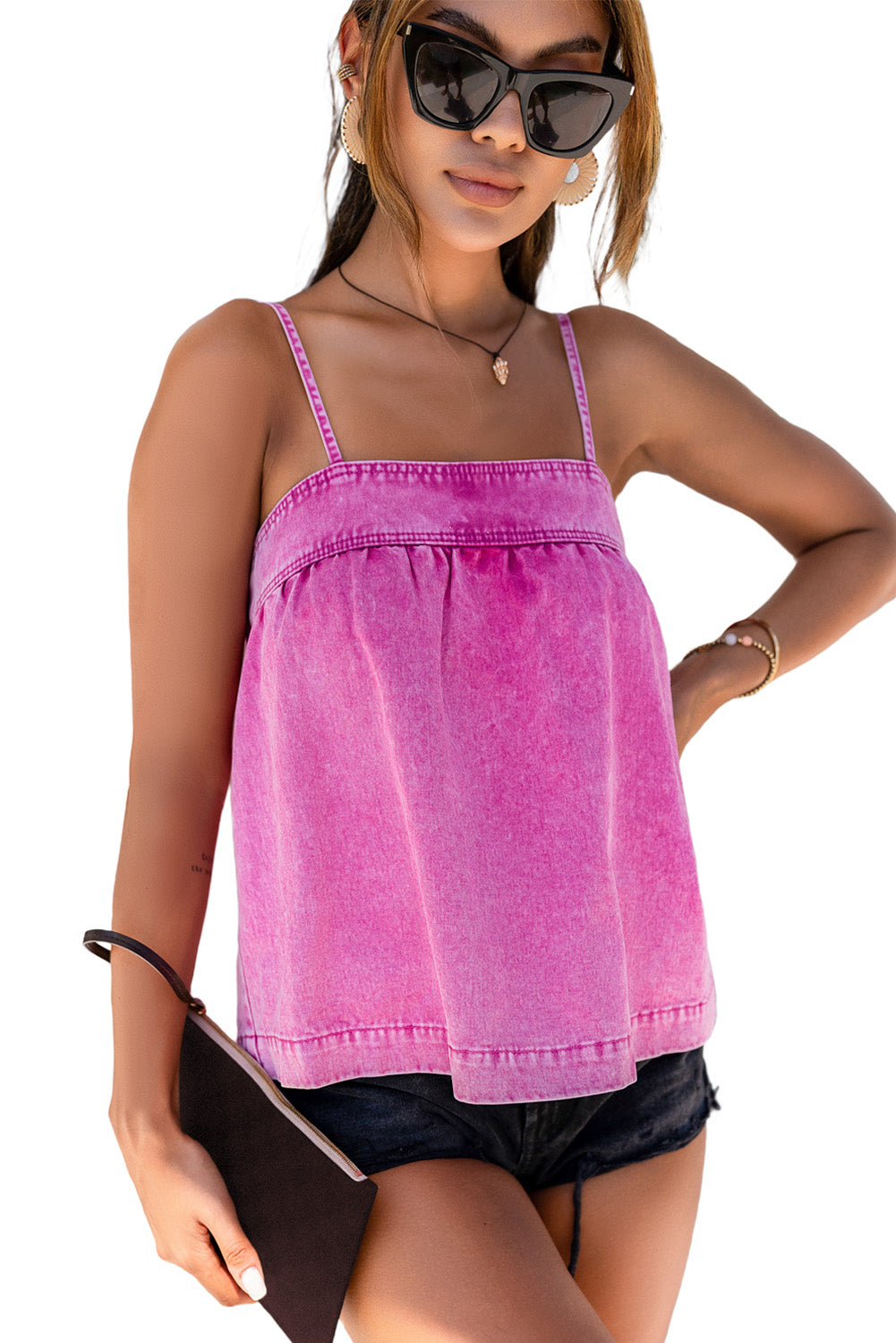 Mineral Wash Denim Smocked Tank Top