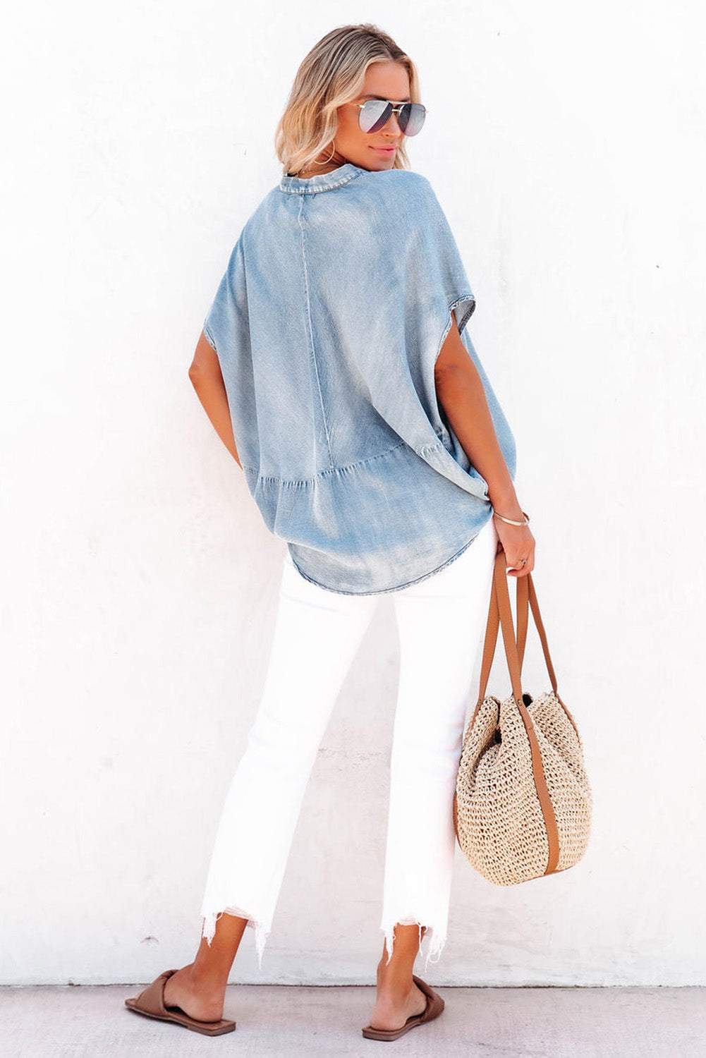 Split V-Neck Balloon Sleeve Ruched Denim Top