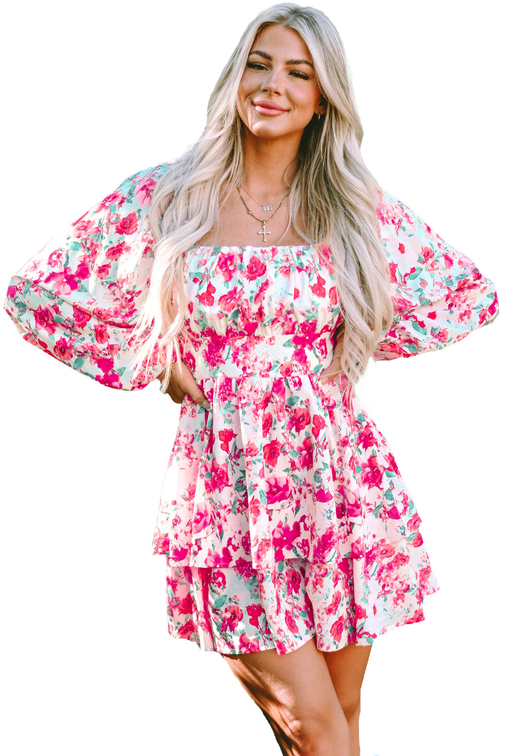 Robe florale rose à volants, taille haute, manches bouffantes