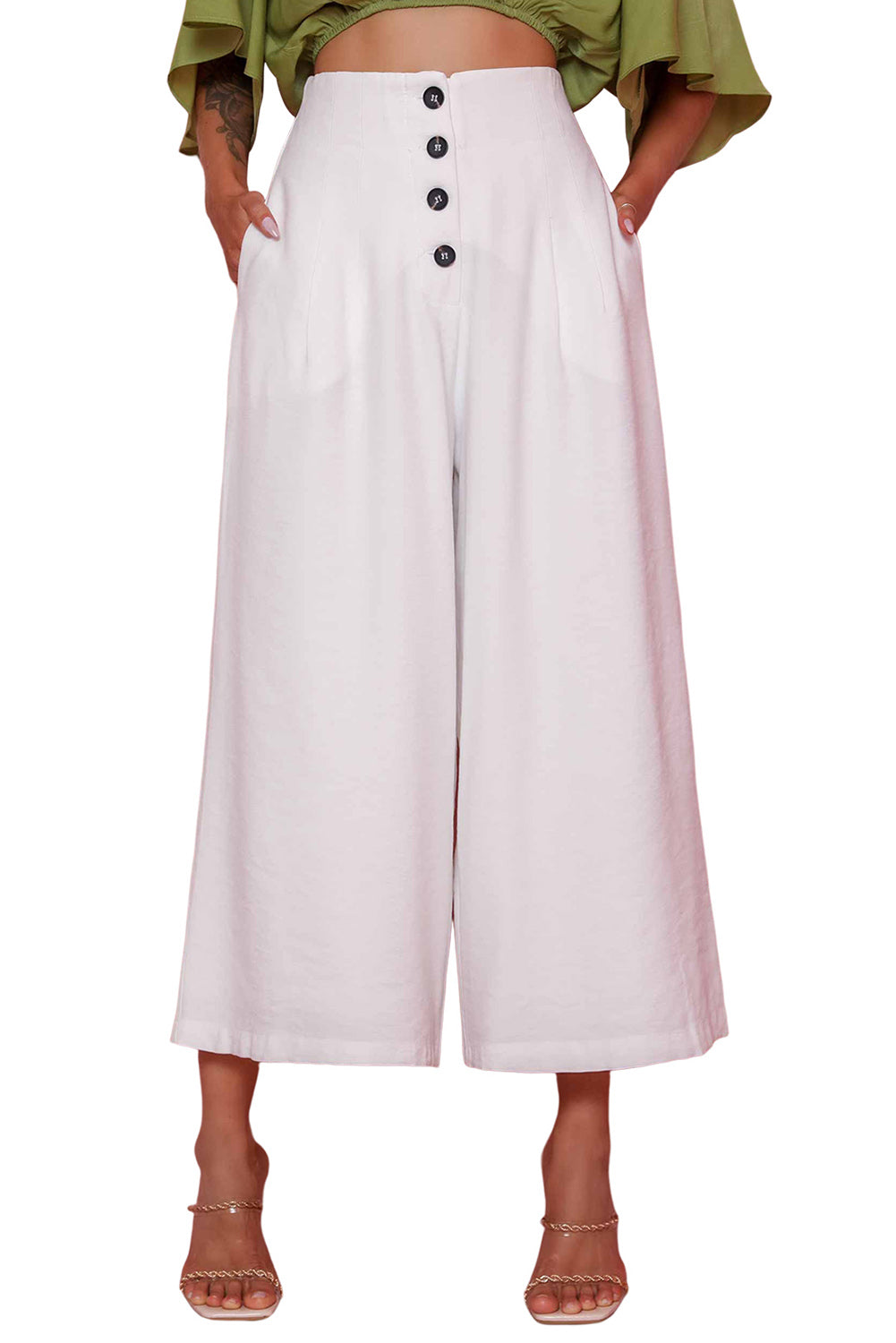 Buttons Cropped Wide Leg Pants