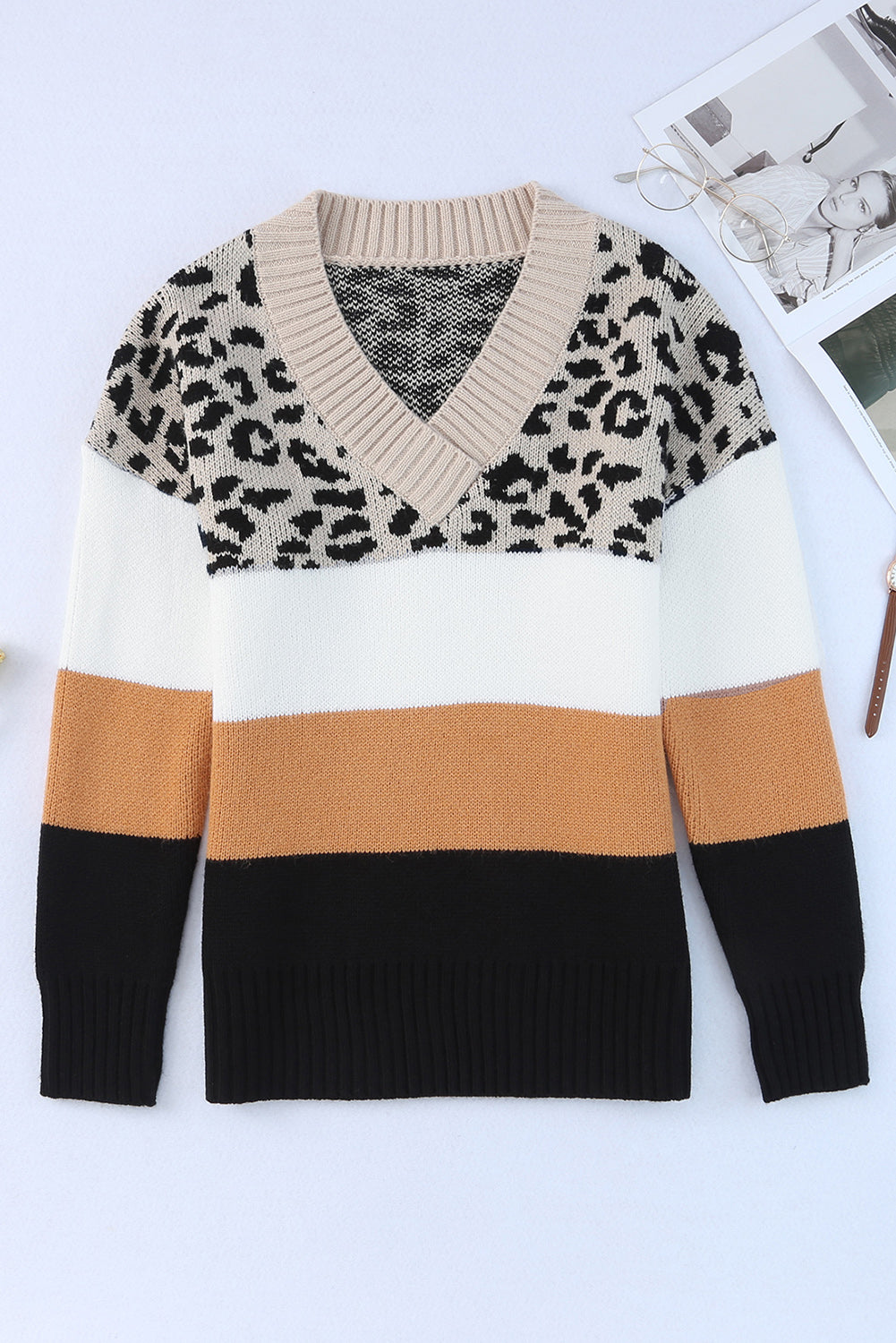 Leopard Color Block Long Sleeve Sweater