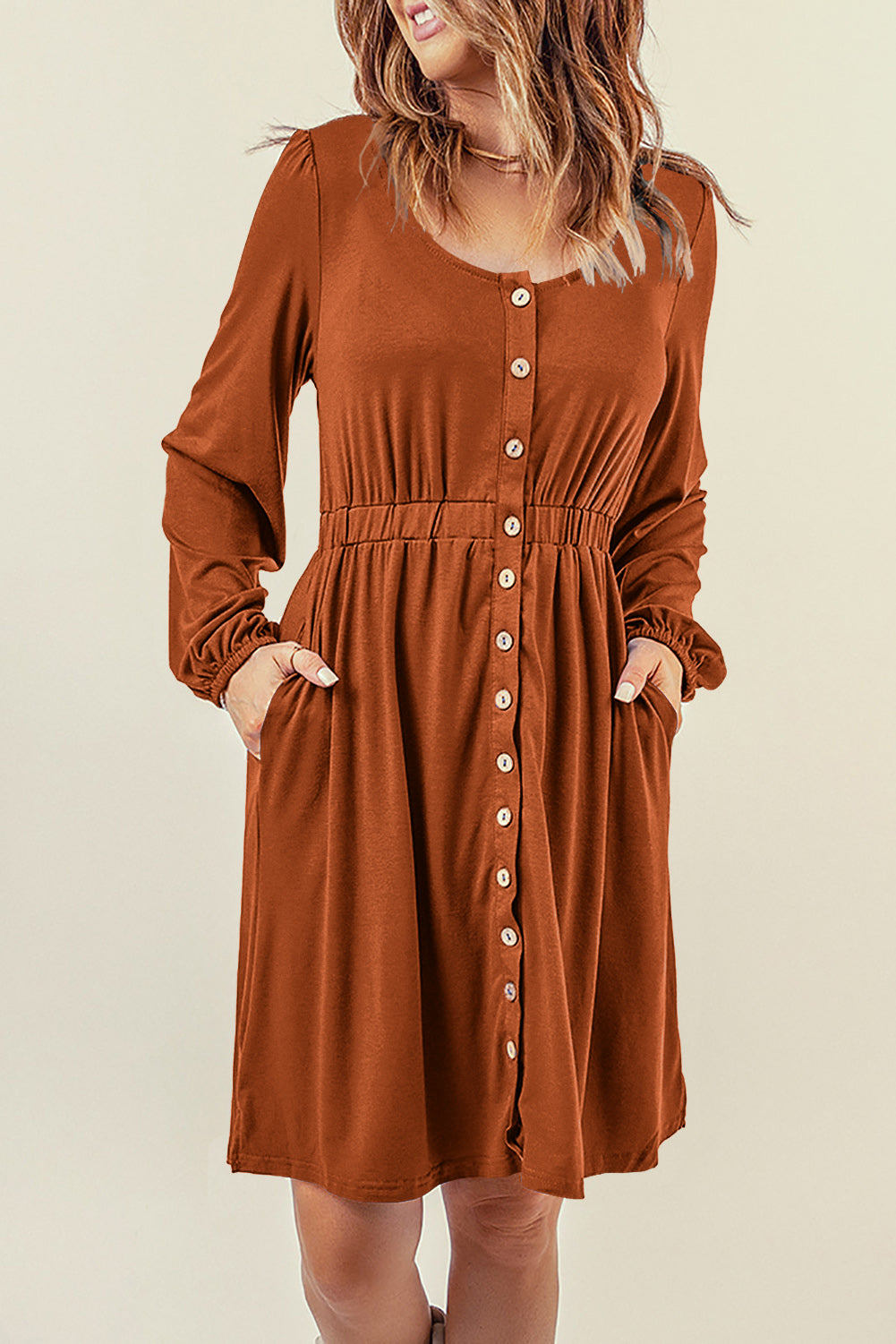 Button Up High Waist Long Sleeve Dress