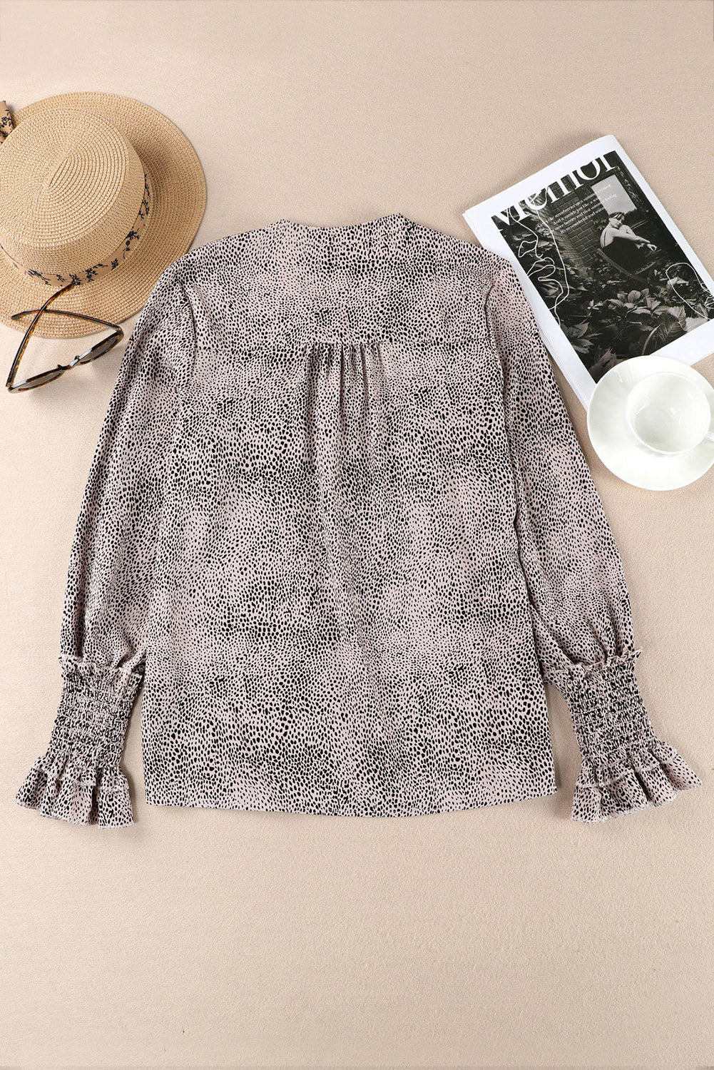 V-neck Smocking Bishop Sleeve Blouse