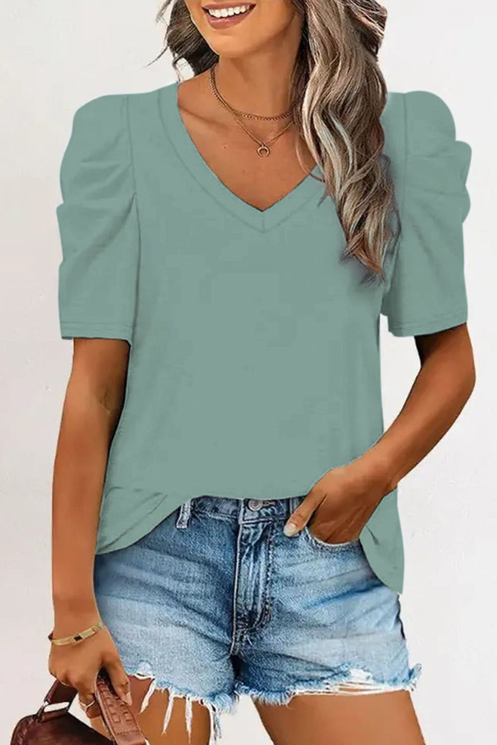 Black Puff Sleeve V-Neck T-Shirt