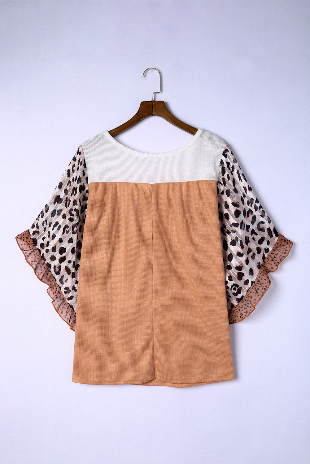 Waffle Knit Animal Print Ruffle Sleeves Plus Size Top