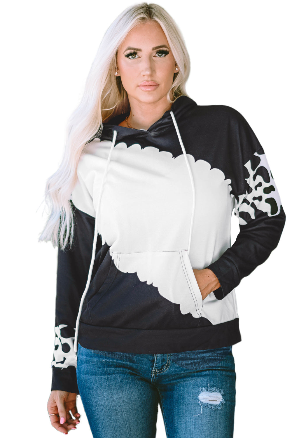 Cow Tie Dye Print Pocketed Drawstring Pullover Hoodie