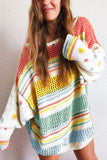 Hollow Striped Knit Contrast Sleeve Sweater