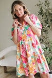 Pink Floral Puff Sleeve Collar Buttoned Babydoll Dress