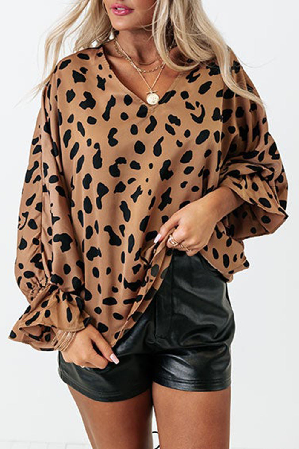 V Neck Ruffled Cuffs Loose Blouse