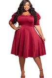 Robe midi évasée froncée à manches bouffantes de grande taille rouge