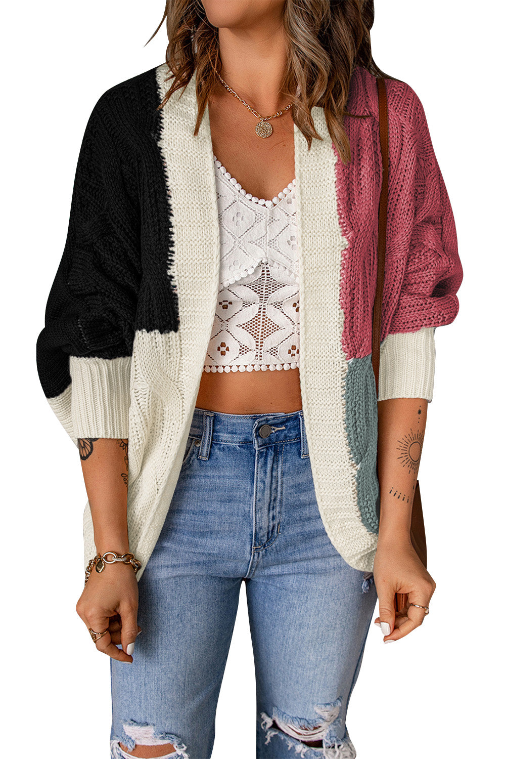 Color Block Loose Open Front Knitted Cardigan