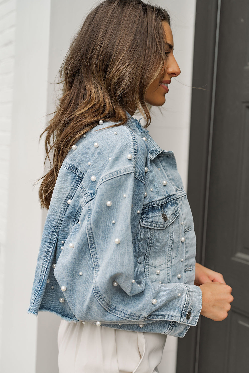 Veste en jean courte à perles bleu ciel