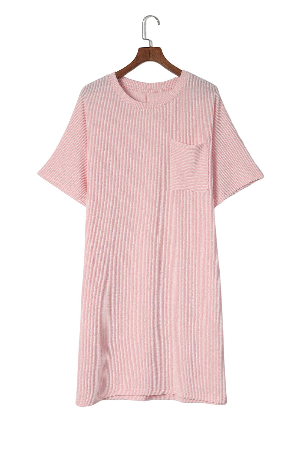 Robe longue rose côtelée avec poche poitrine et manches courtes, grande taille