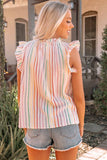 Barrier Striped Flutter Sleeve Frilled Neck Tank Top