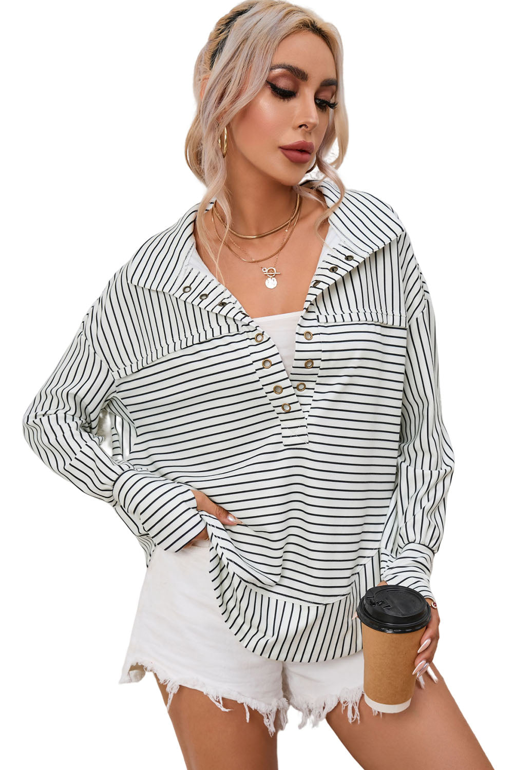 Striped Thumbhole Drop Shoulder V Neck Top