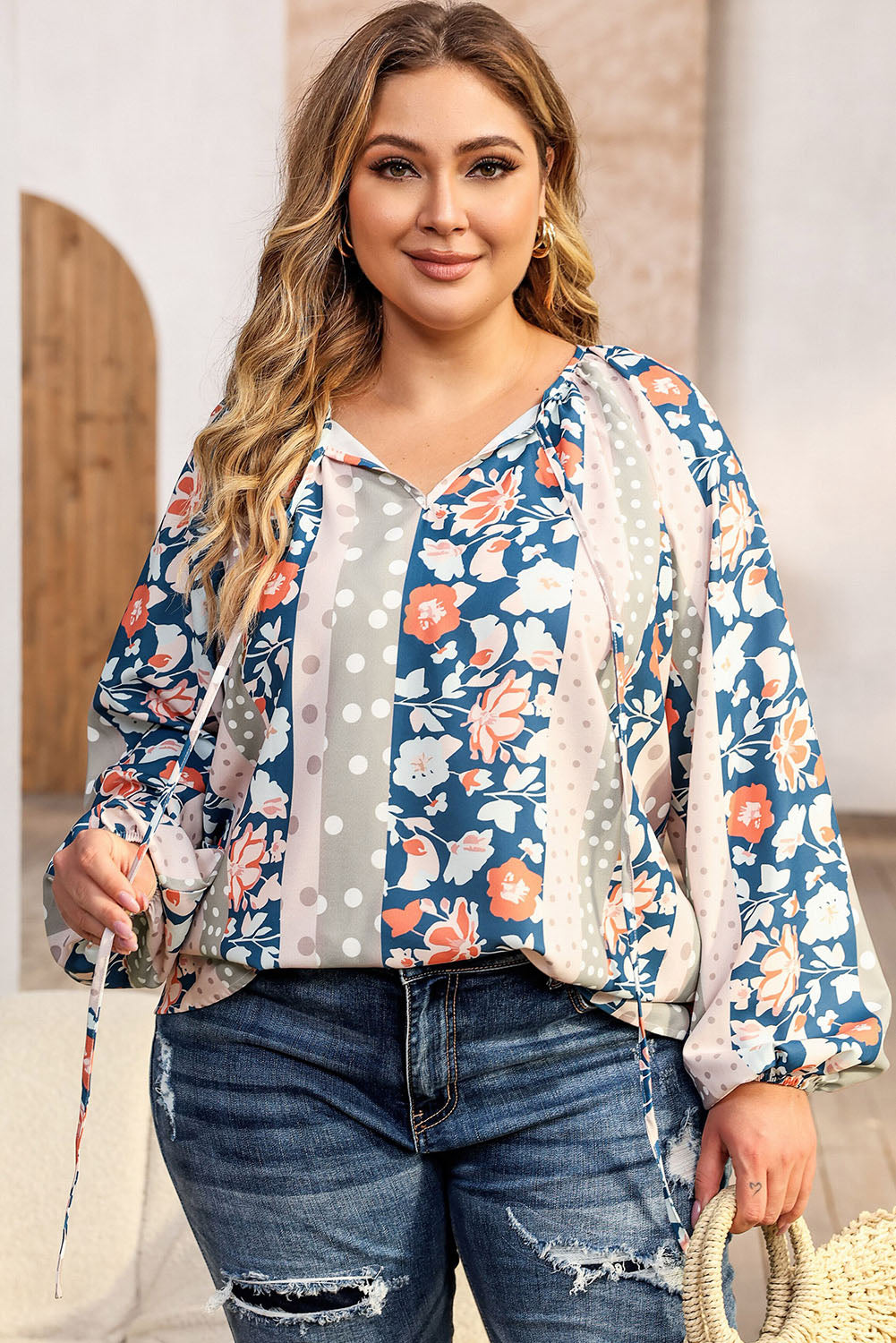 Plus Size Mixed Print Split Neck Blouse