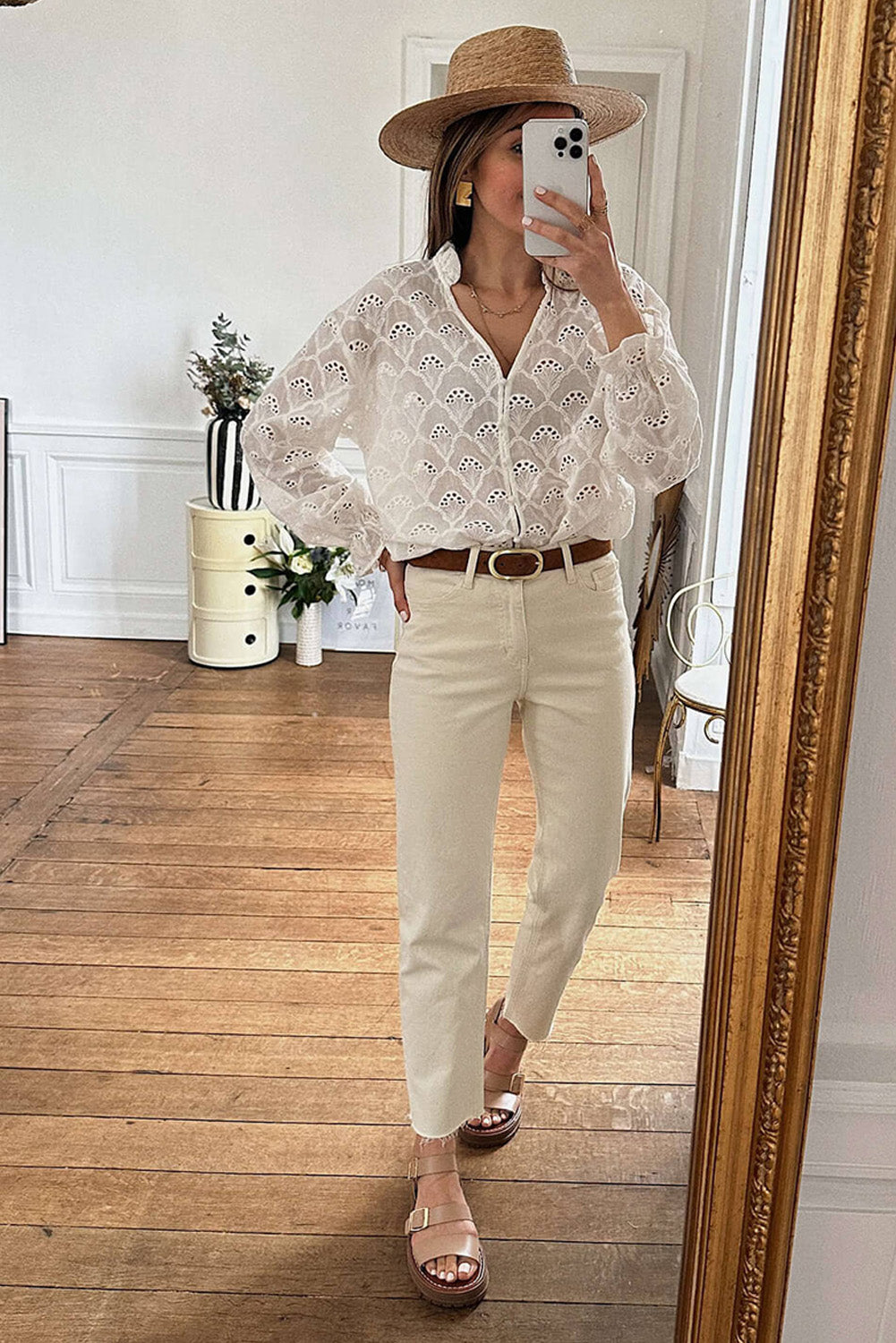 Fanshaped Lace Hollow out Split Neck Puff Sleeve Blouse