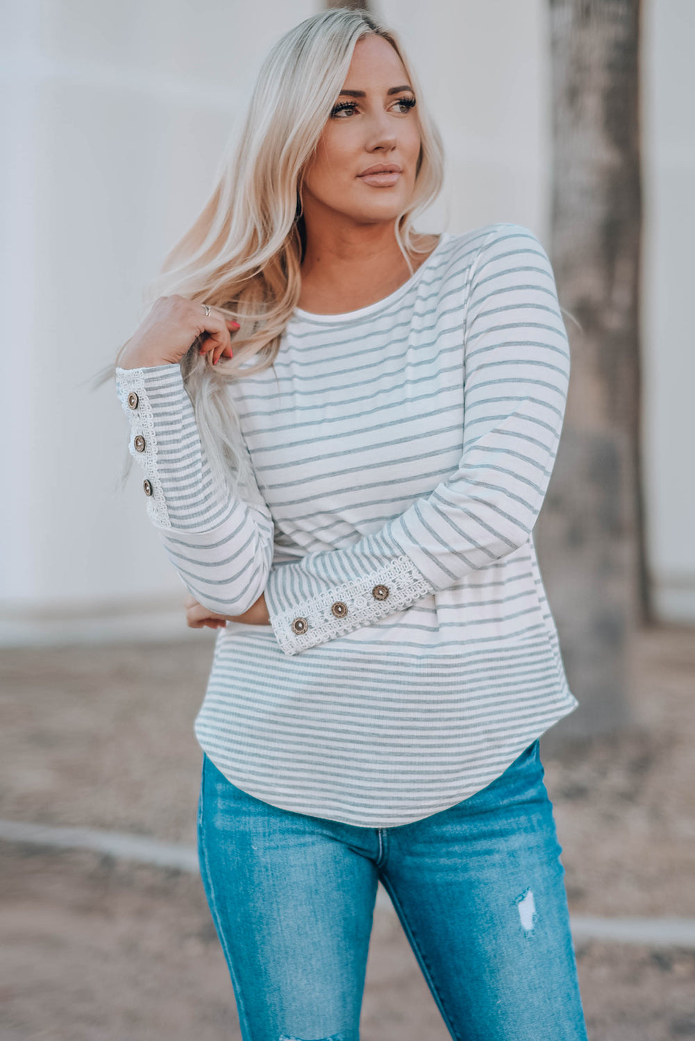 Striped Lace Buttons Splicing Long Sleeve Top