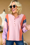 Pink Colorblock Long Sleeve Buttons Henley Top