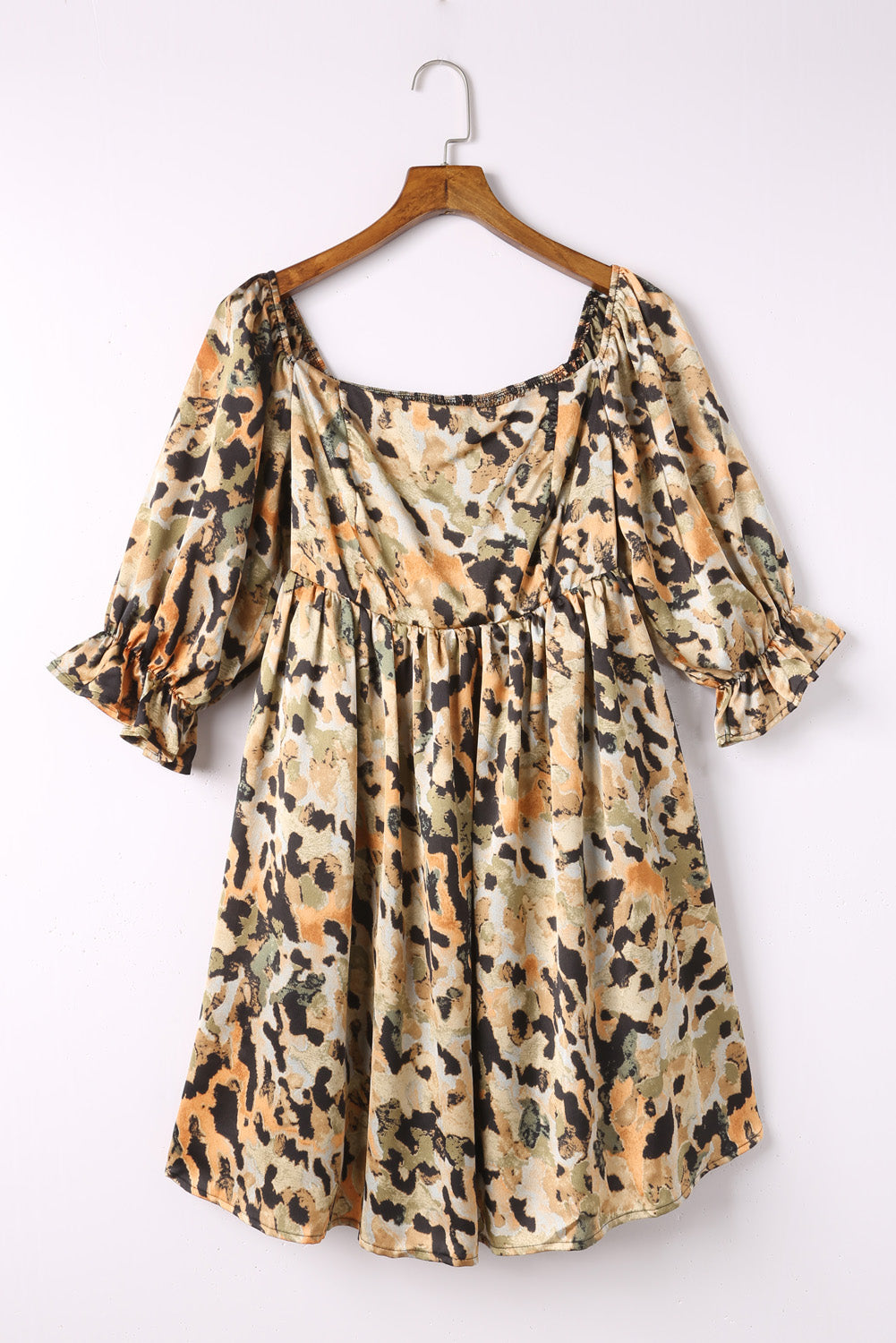 Abstract Print Shirred Half Sleeve Square Neck Mini Dress